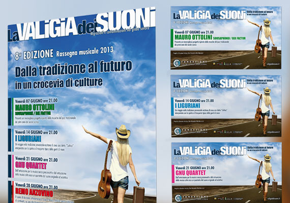 Locandine, stendardi e grafiche di vario genere per la rassegna musicale 'La Valigia dei Suoni' giunta all'ottava edizione. <br> Cliente: Fondazione Centro Studi Campostrini.